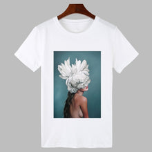 Load image into Gallery viewer, 2019 Sexy Flowers Feather Print Harajuku T shirt Women Fashion Tshirt O-neck Short Sleeve T-shirt White Tops Female Clothing